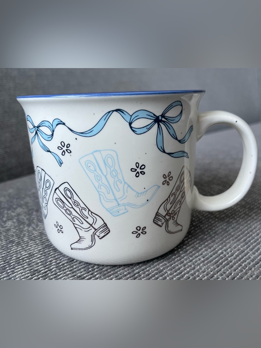 Petal & Pearl Cowgirl Blue & White Boots & Bows Mug w/Gold Flower & Boot Accents